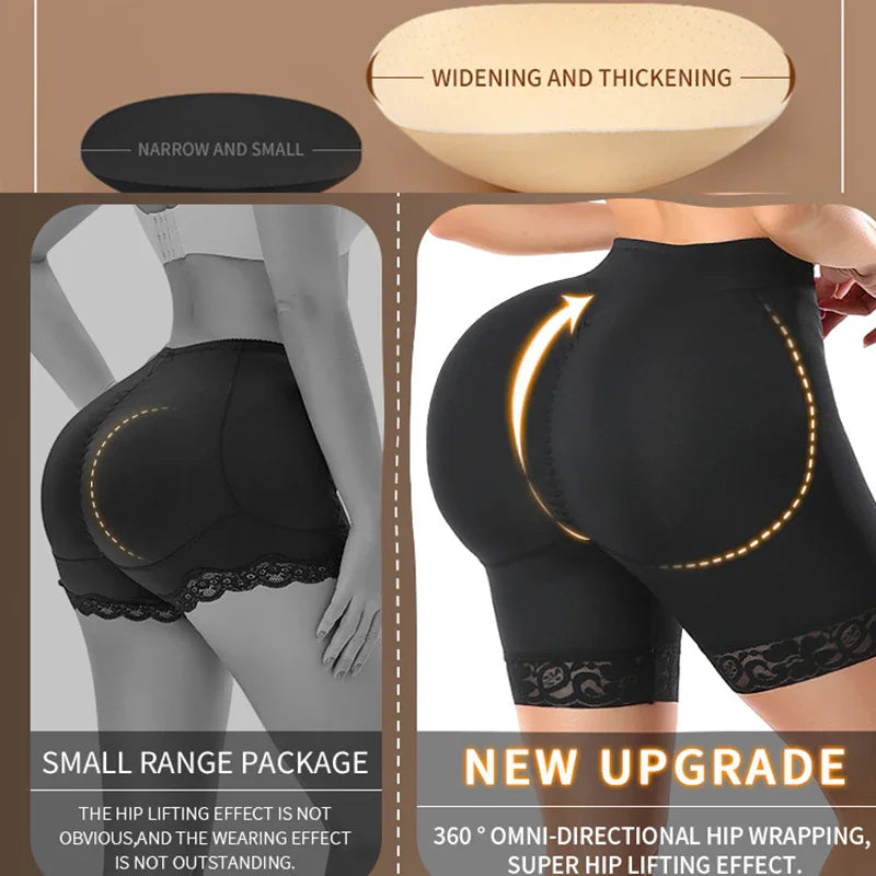 Comparative diagram of shapewear butt pads showing different thicknesses and lifting effects