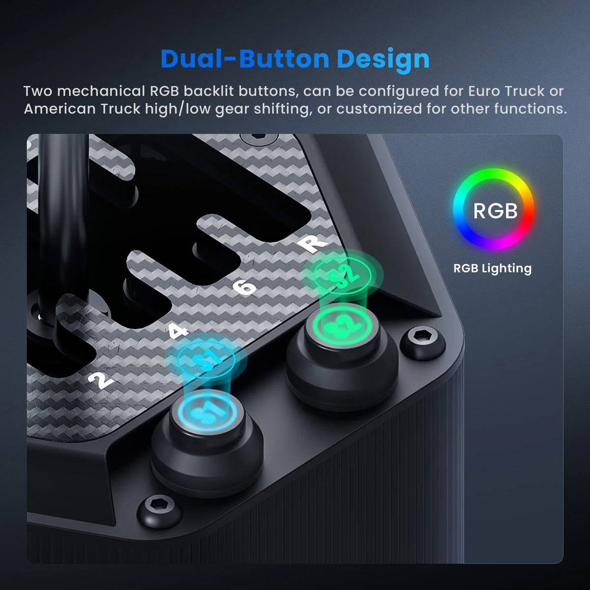 Close-up of the dual mechanical RGB buttons on a racing simulator gear shifter