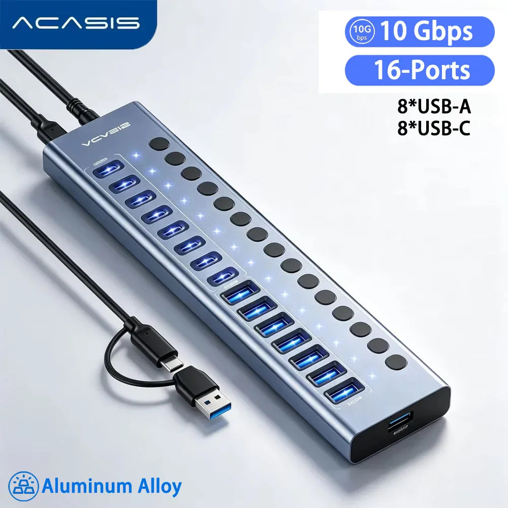 Acasis 16-port aluminum USB 3.2 Gen 2 hub with 8 USB-A and 8 USB-C ports, each with an individual power switch.