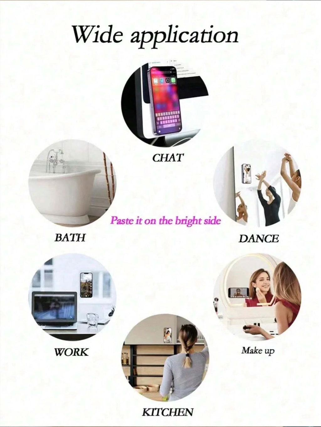 Various application scenarios for suction cup phone mounts, including bathroom, office, and dance mirrors