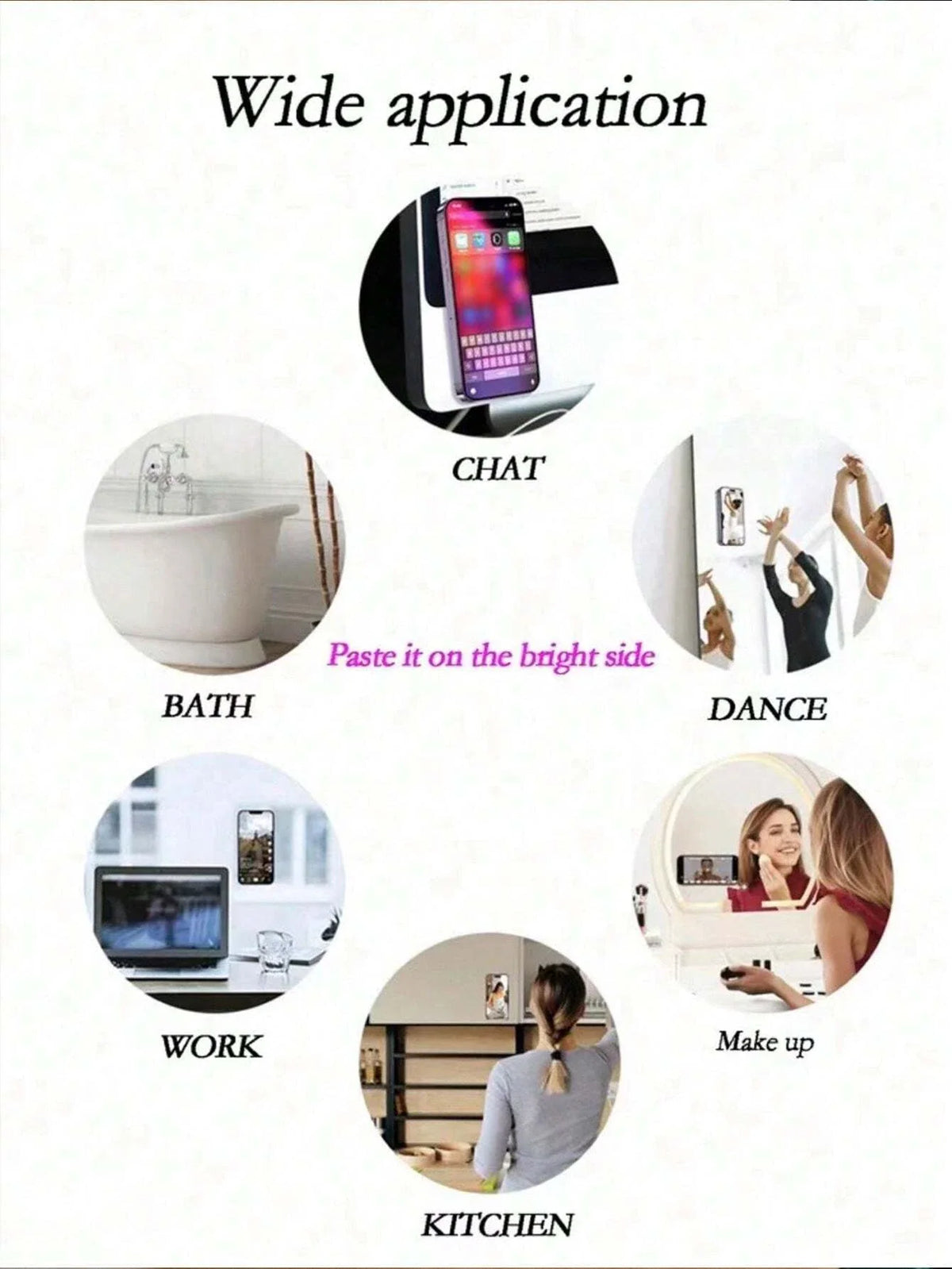 Various application scenarios for suction cup phone mounts, including bathroom, office, and dance mirrors