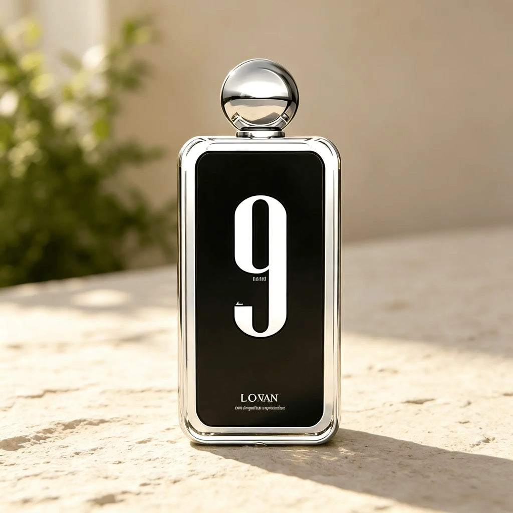 A rectangular black perfume bottle with a silver frame and spherical cap featuring the number 9, on a textured stone surface