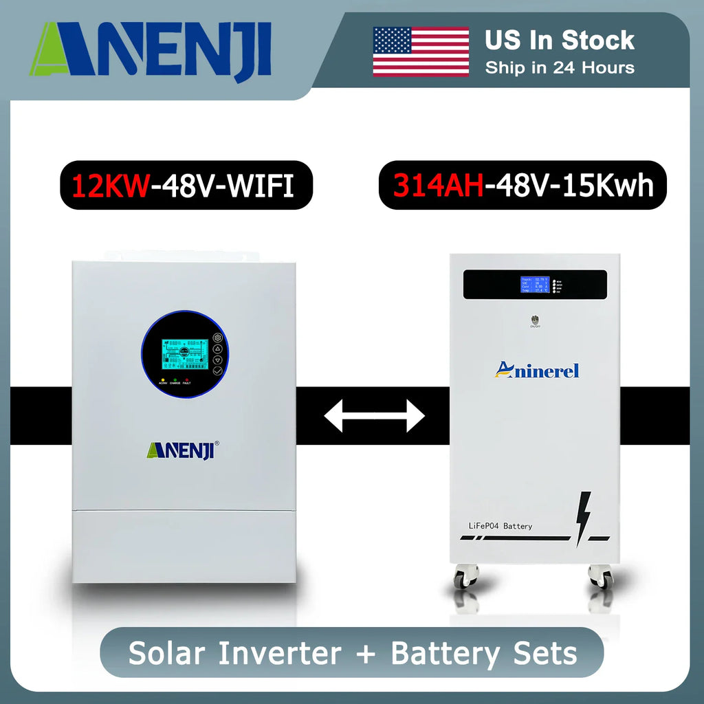 Anenji 12KW 48V hybrid solar inverter and 314AH LiFePO4 battery unit for home energy storage systems.