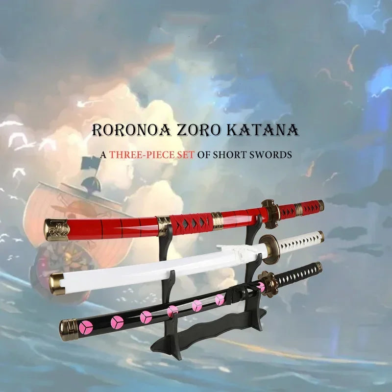 Set of three ornamental anime swords with display stand on a background of the sea and a ship