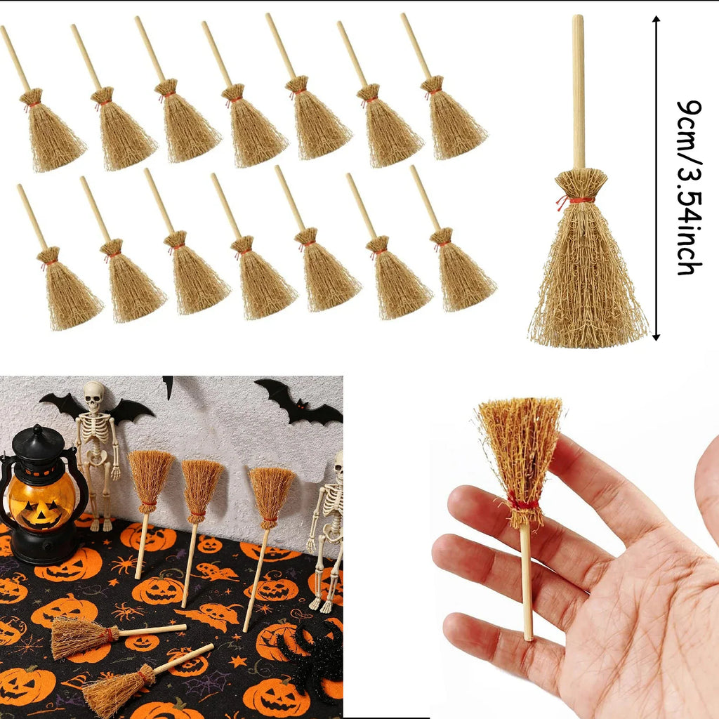 Set of miniature broomsticks with size indication and Halloween themed display