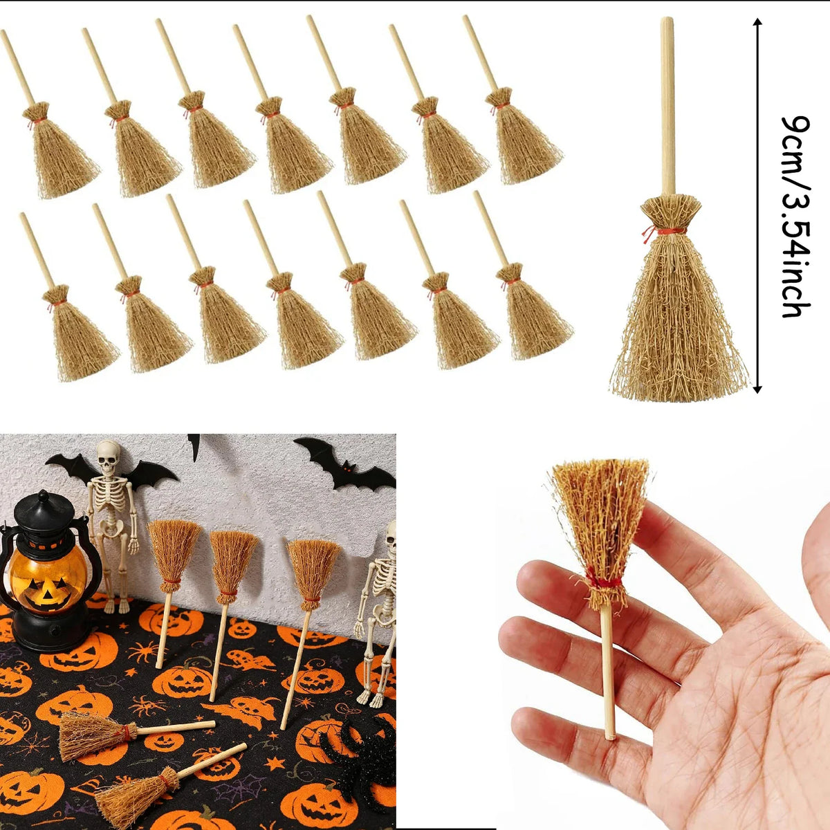 Set of miniature broomsticks with size indication and Halloween themed display
