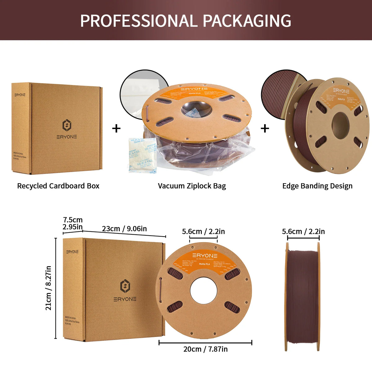 Packaging details and physical dimensions of a 1kg spool of brown matte PLA filament.