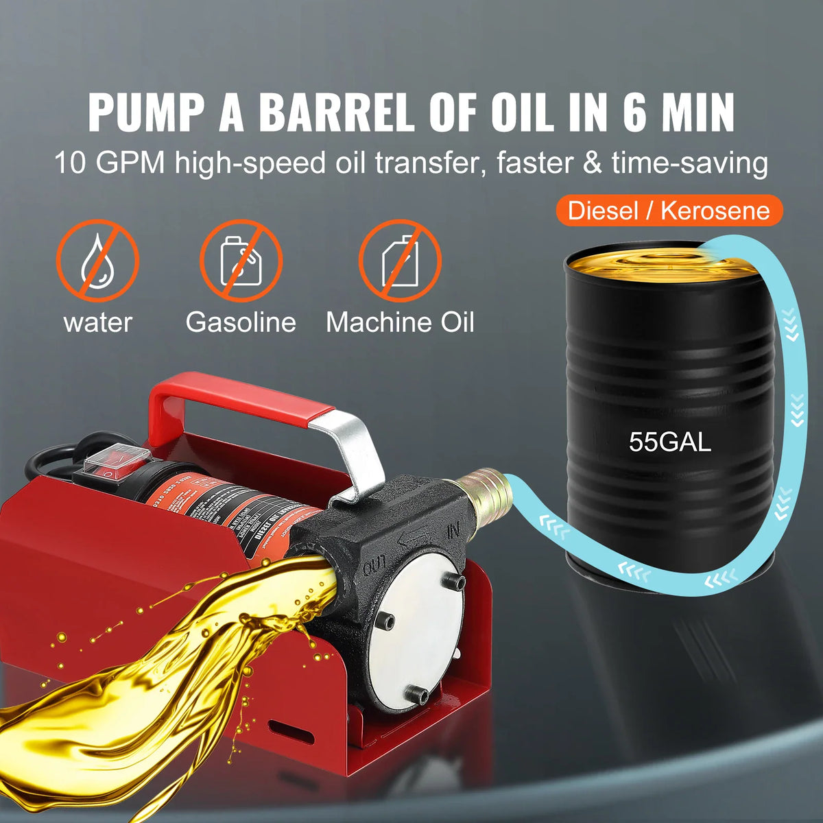 Electric fuel transfer pump demonstrating barrel oil transfer with usage restrictions text