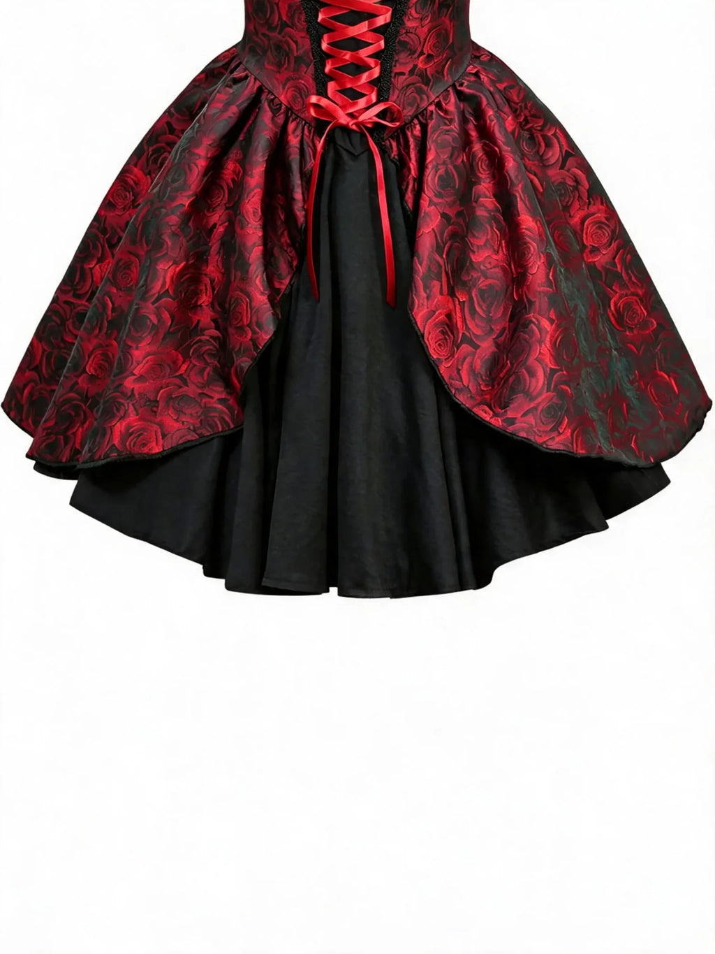 Close-up of the bodice and flared skirt of a black and red rose print gothic dress with red corset lacing