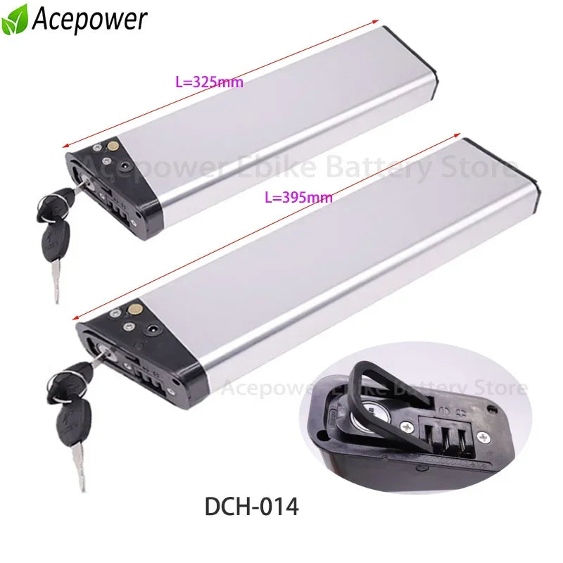 Two DCH014 silver electric bike batteries of different lengths with keys and charging port details.