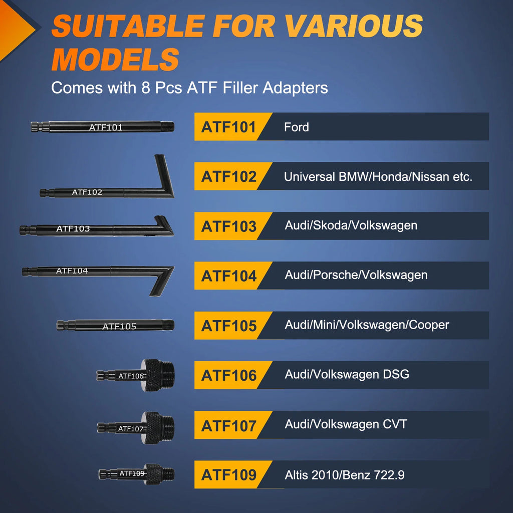 Manual transmission fluid filler adapter compatibility chart for various car models