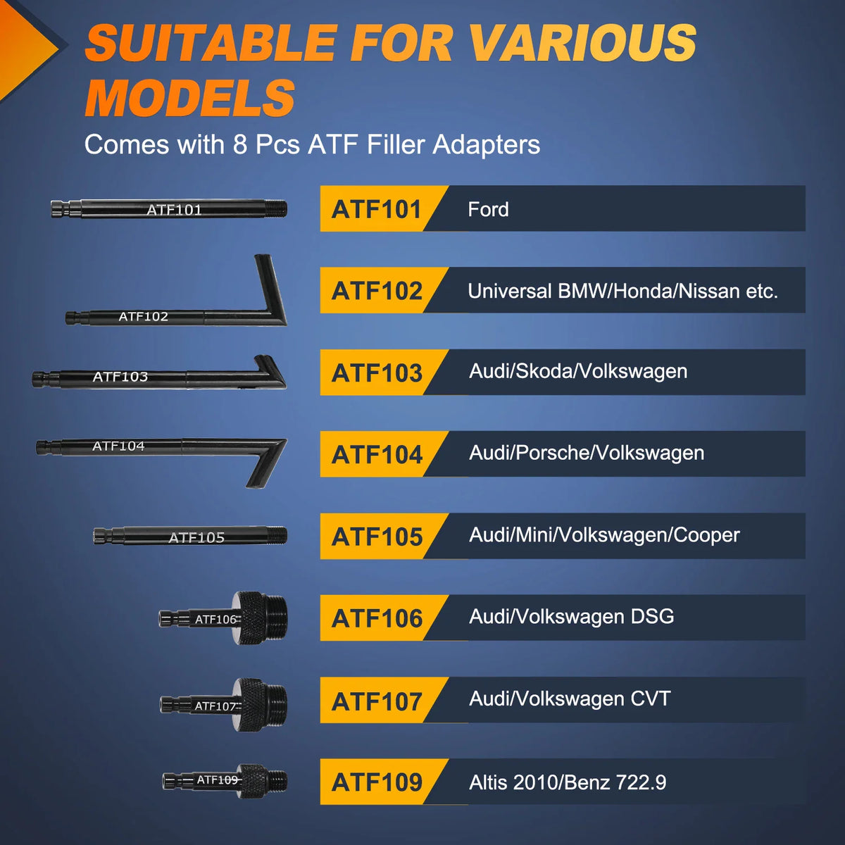 Manual transmission fluid filler adapter compatibility chart for various car models