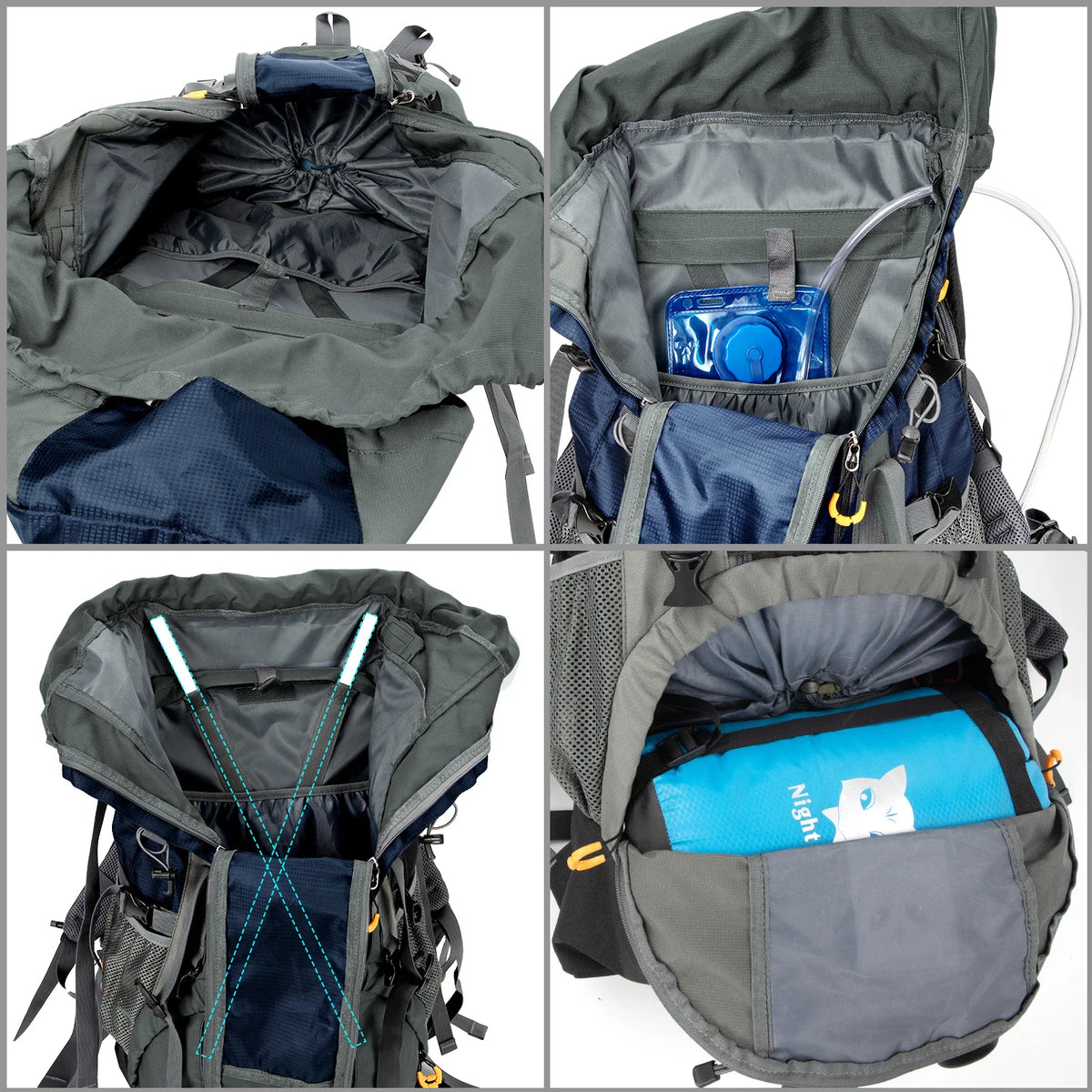 Interior compartments and storage pockets of a large hiking backpack.