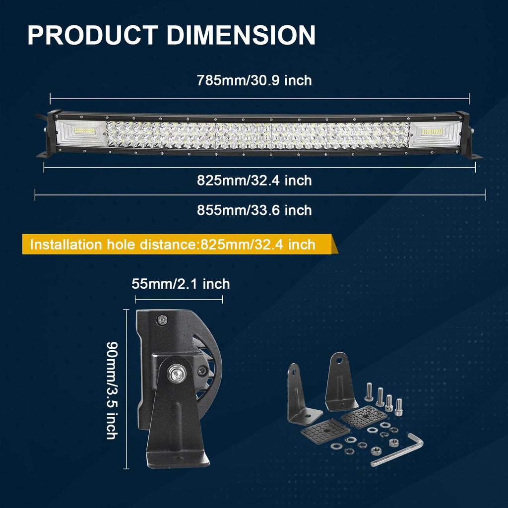 Diagram showing product dimensions for a curved LED light bar and small square work light with mounting hardware.