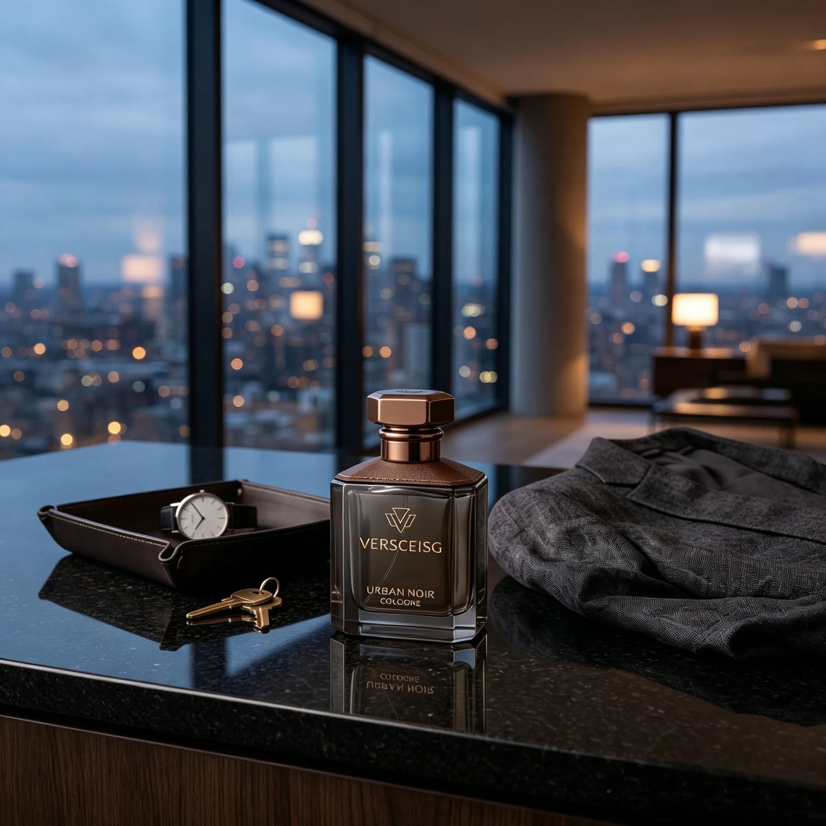 A bottle of cologne on a dark counter near a tray with keys and a watch, overlooking a city at dusk.
