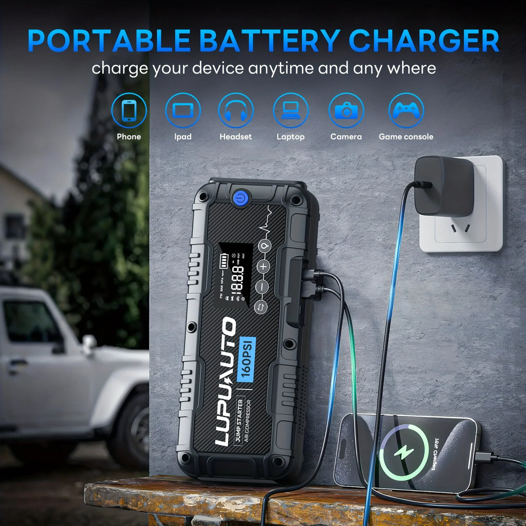 Portable power bank charging a mobile phone with a wall charger