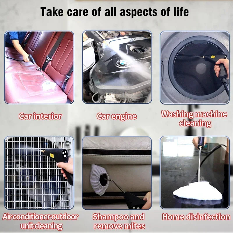 Demonstration of a steam cleaner being used for automotive and household surface sanitizing