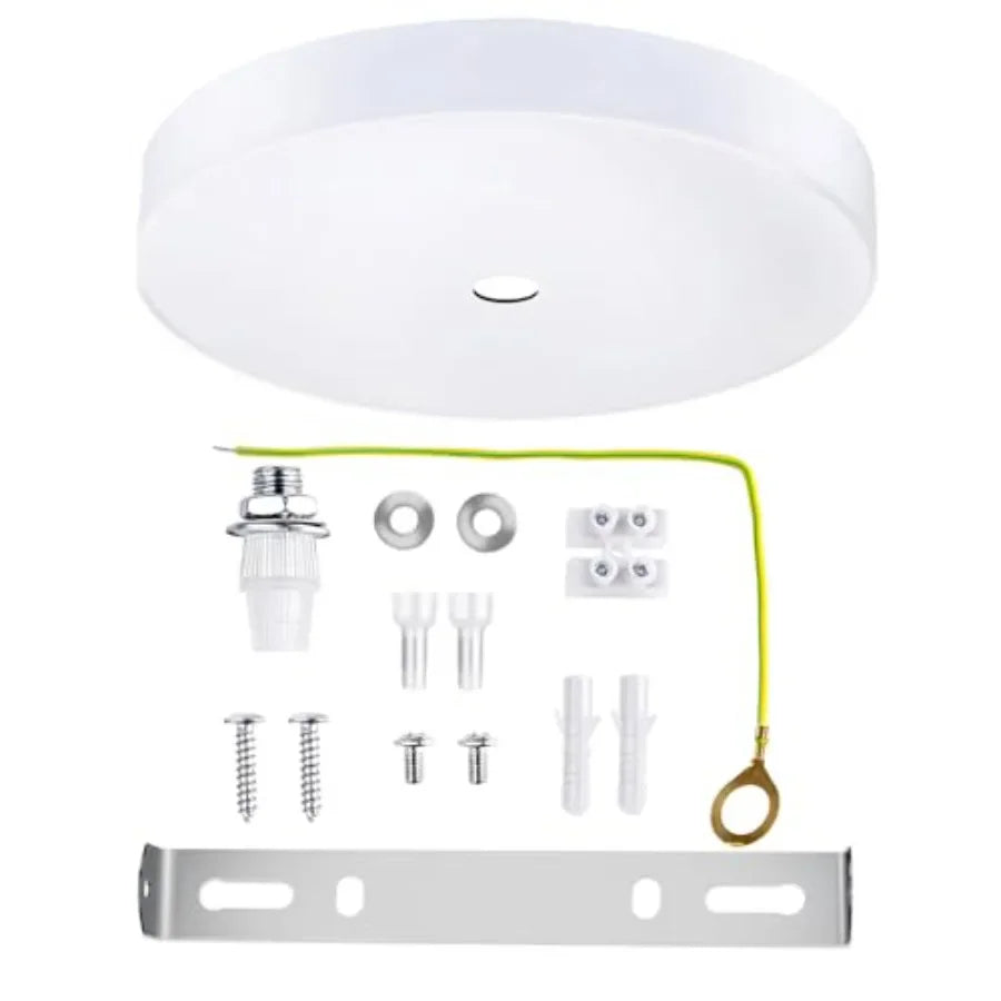 White ceiling canopy light kit with mounting hardware and screws