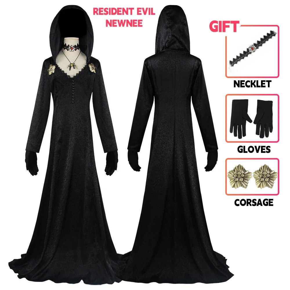 Black hooded vampire cosplay dress with accessories including lace choker, gloves, and floral pins