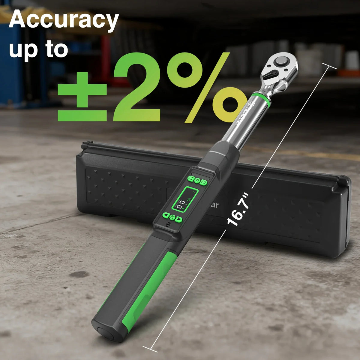 Digital torque wrench with 16.7 inch dimension and 2 percent accuracy label