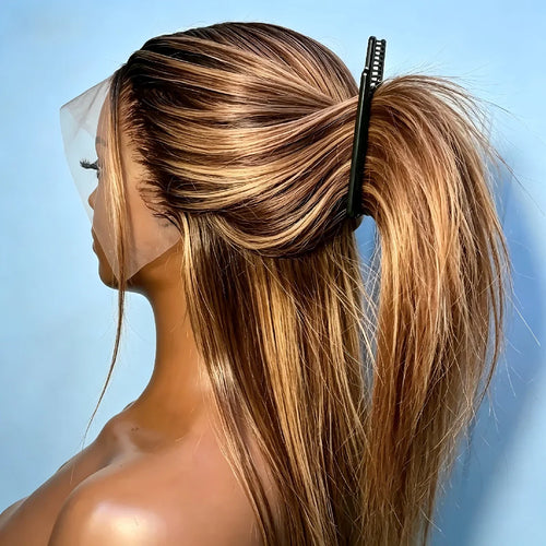 16-inch honey blonde highlighted straight human hair lace front wig with a half-up ponytail on a mannequin head