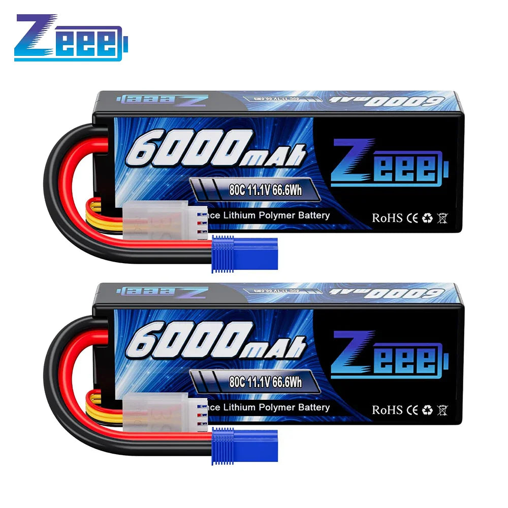 Two rectangular 11.1V 6000mAh lithium polymer battery packs with red and black wires and blue connectors