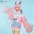 A person in a pink and white cosplay hoodie with fur cat paw gloves and bunny ear hood
