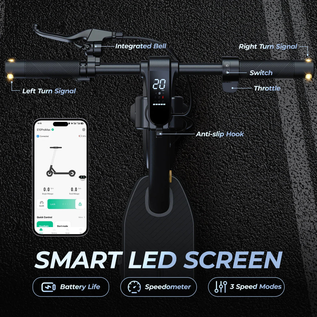 Close up of electric scooter handlebars with smart LED screen and smartphone app interface