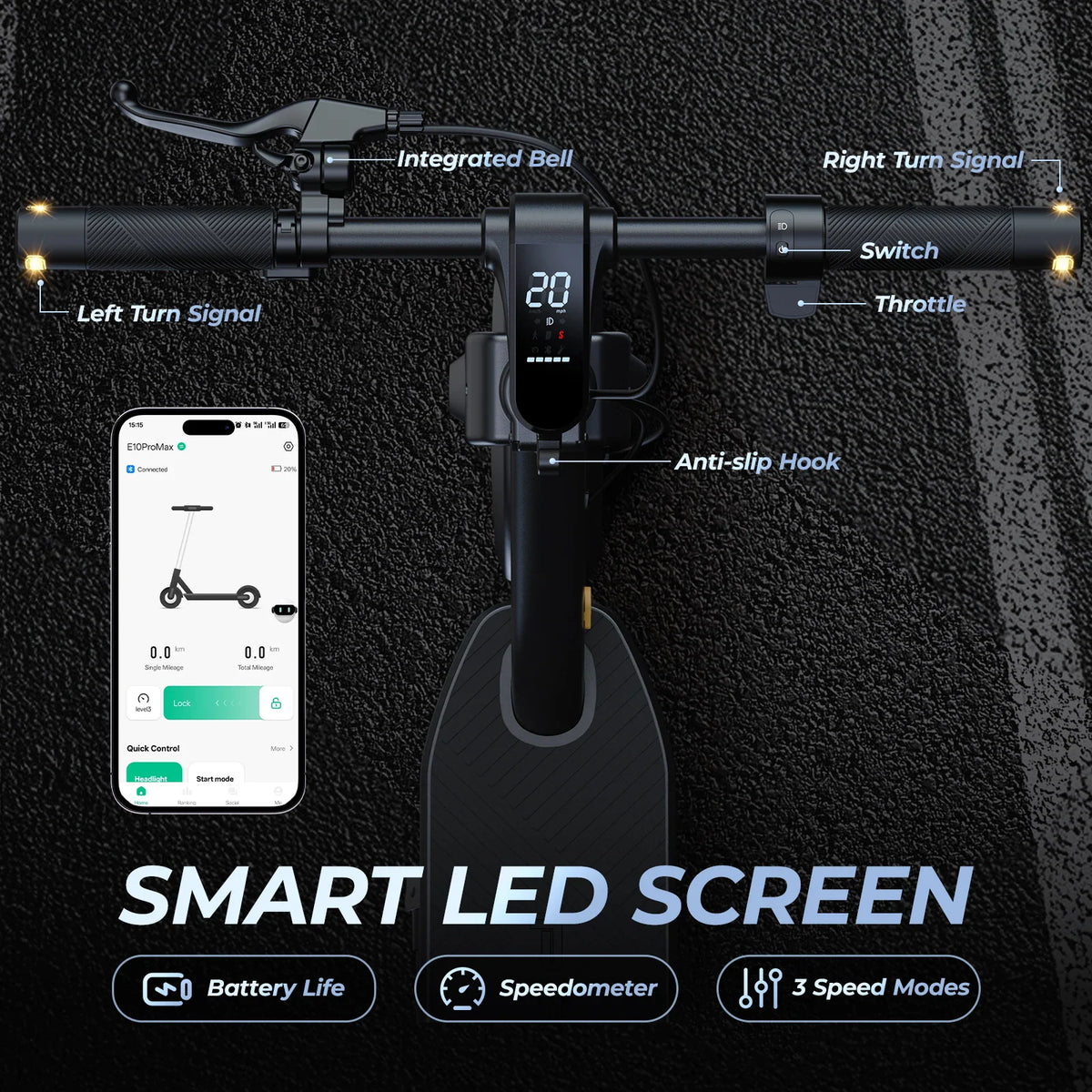 Close up of electric scooter handlebars with smart LED screen and smartphone app interface