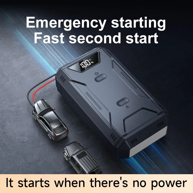 Portable car jump starter being used to jump start a car with indicator lights