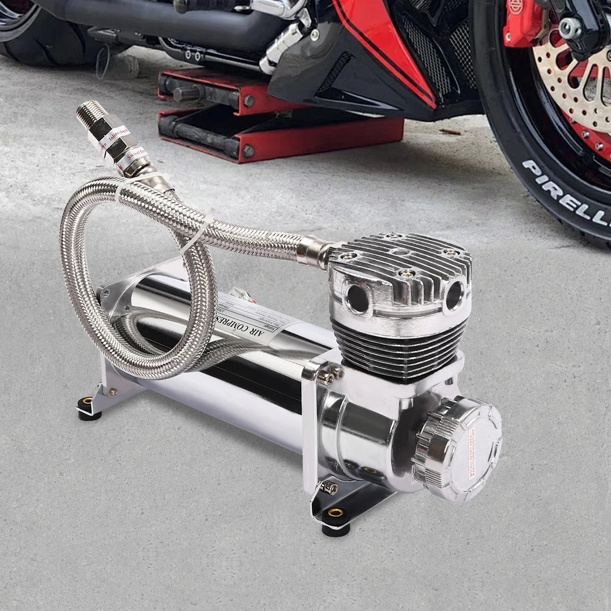 12V portable air compressor for automotive tires and suspension systems