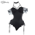 Black one-piece gothic swimsuit with bat wing details and lace-up sides
