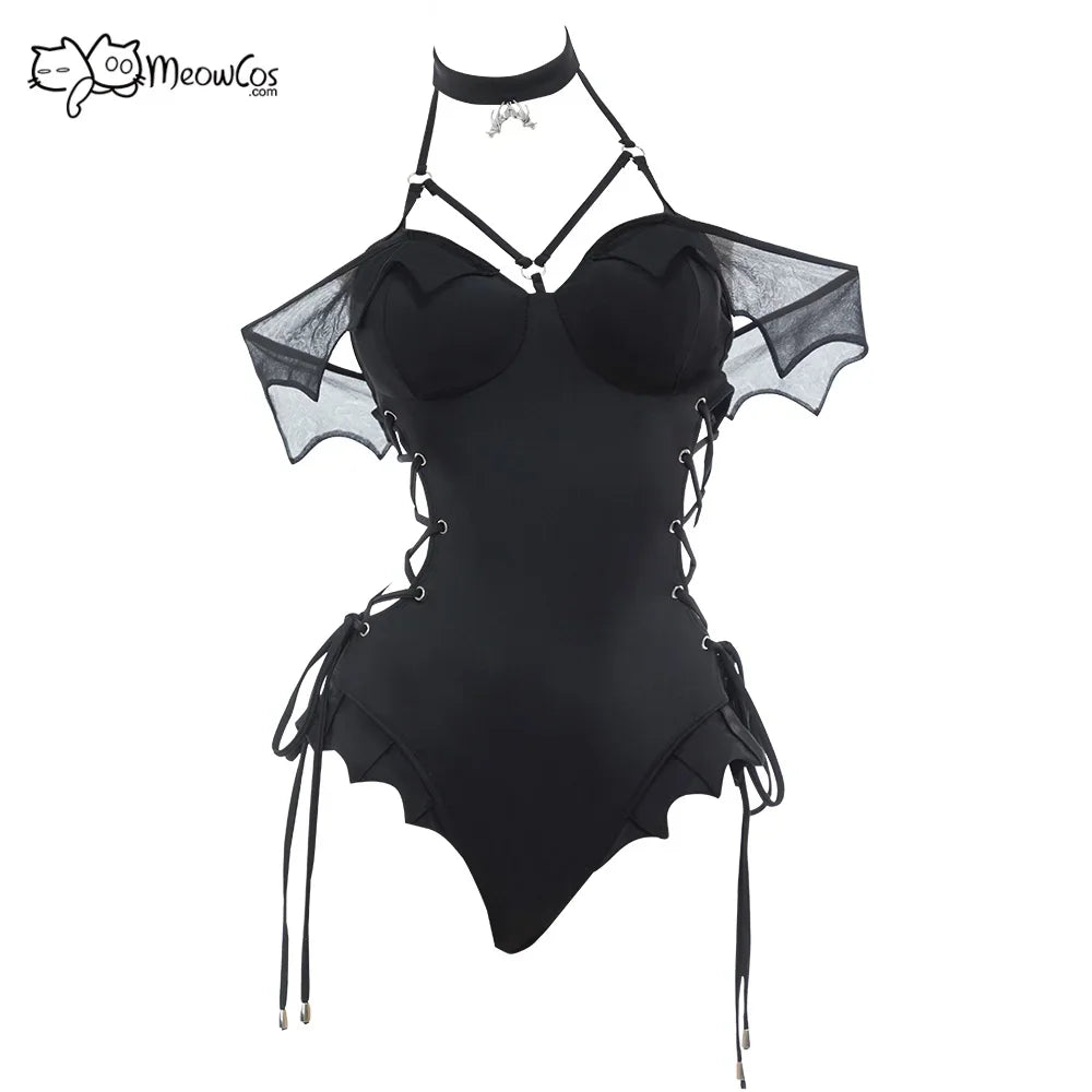 Black one-piece gothic swimsuit with bat wing details and lace-up sides