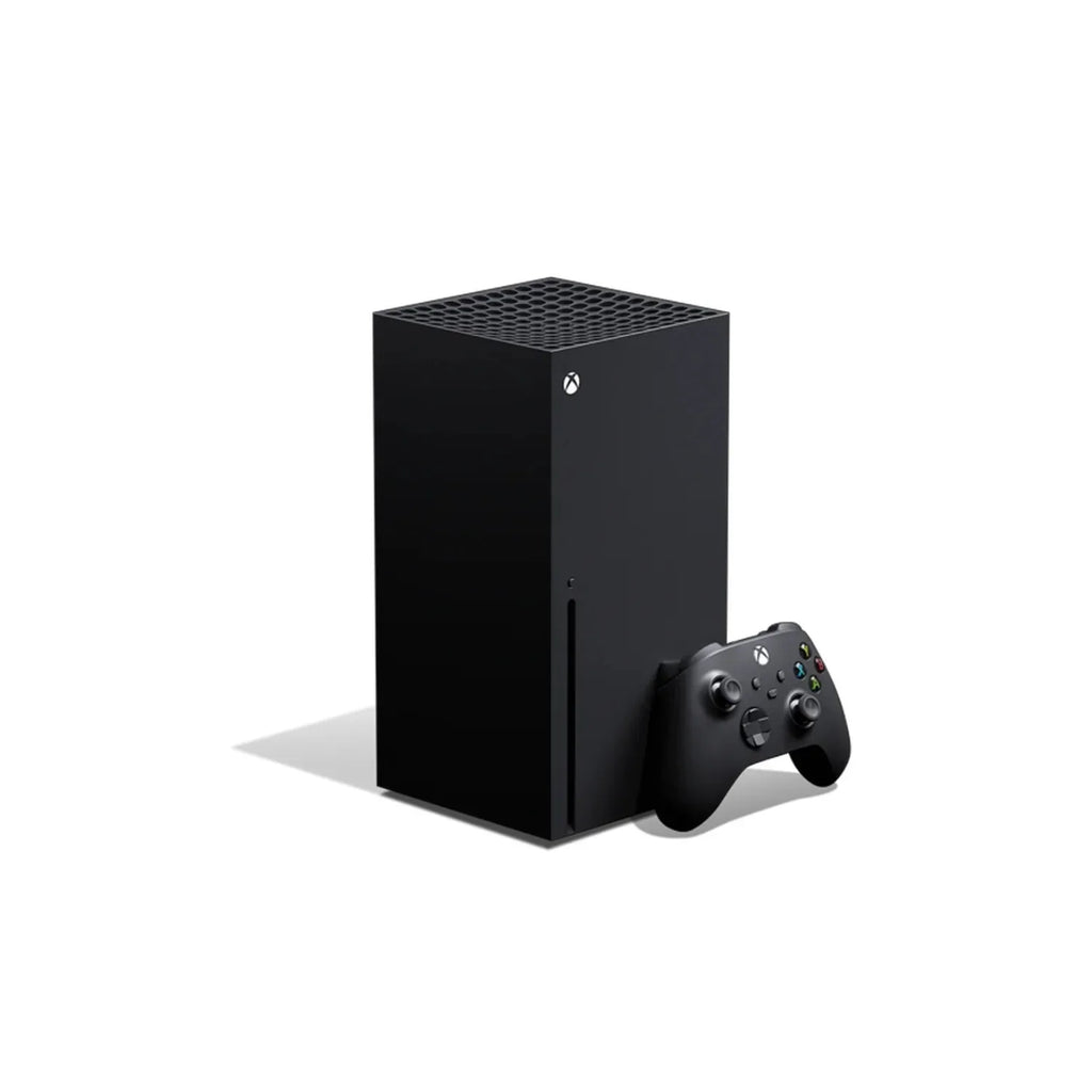Black video game console standing vertically with a black wireless controller beside it