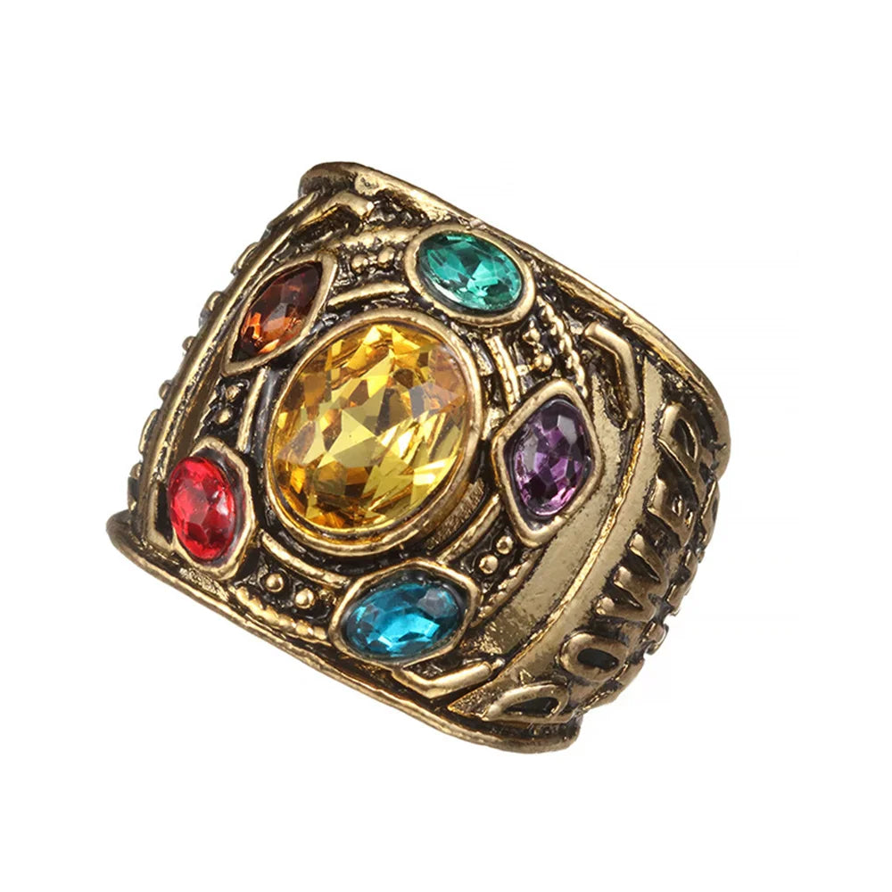 Thanos-style gold tone ring with colorful stones in an antique finish