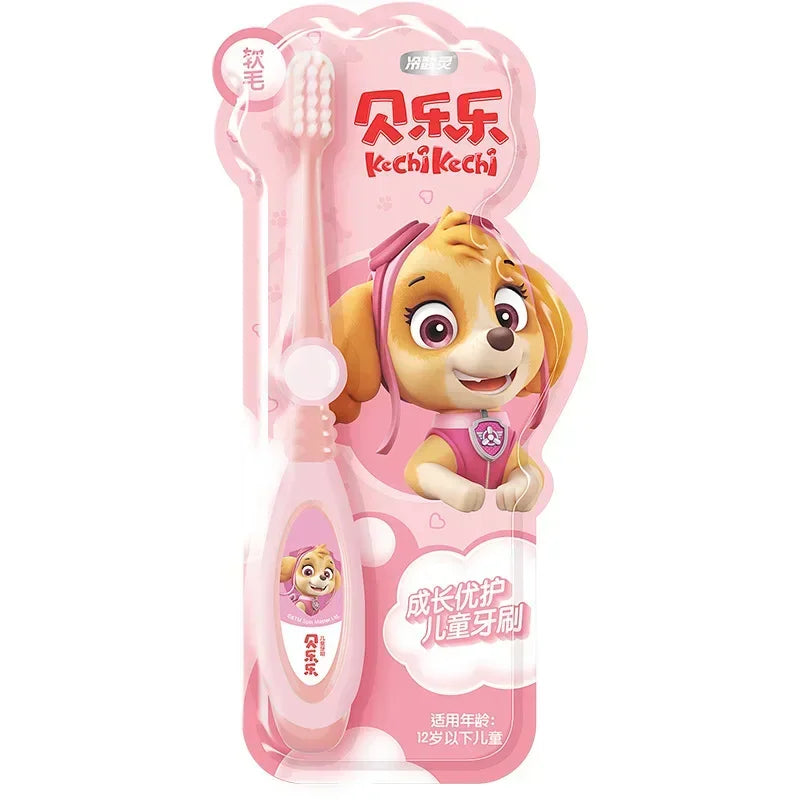 A single pink soft bristle toothbrush for kids featuring a cute cartoon character on the handle and packaging.