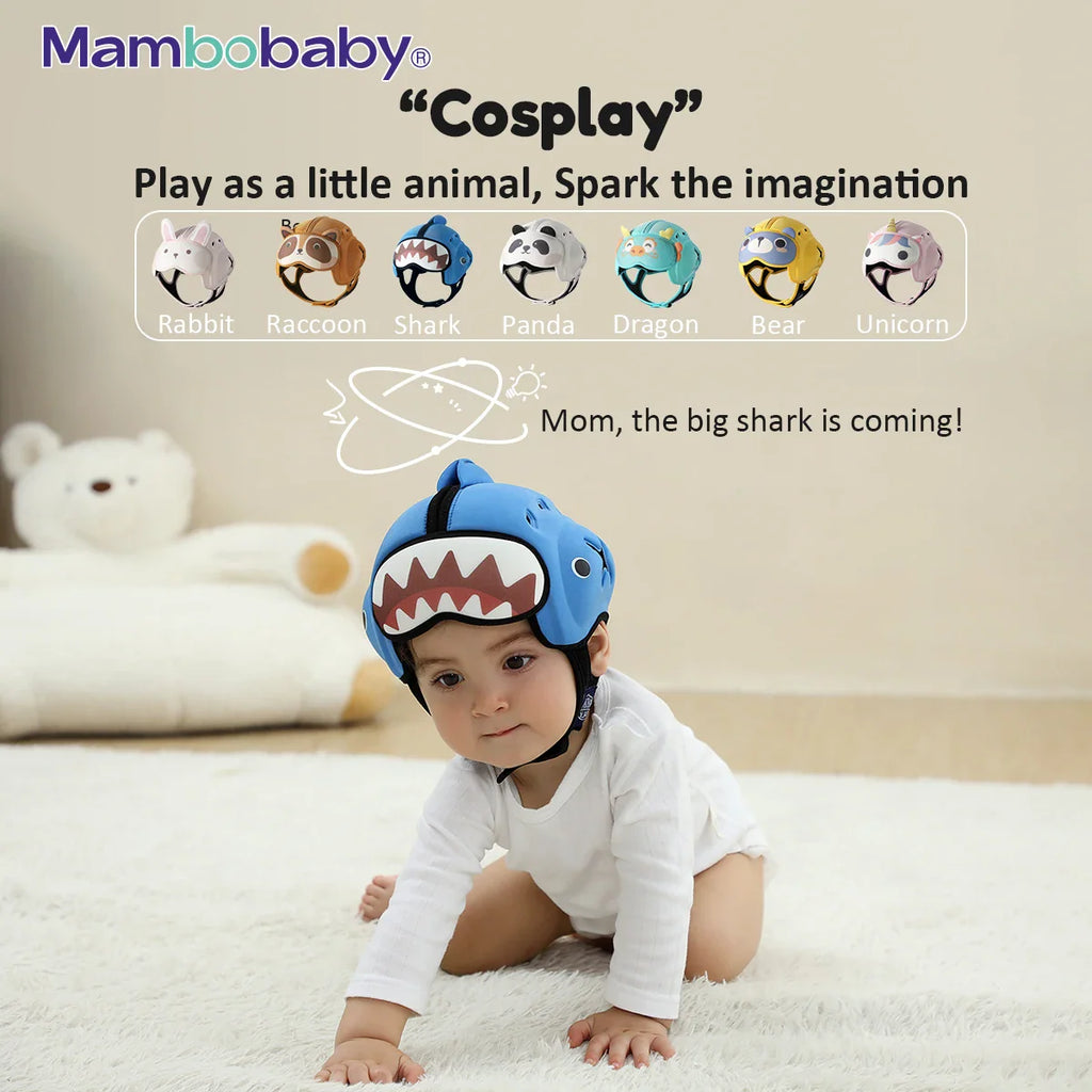 Infant wearing a blue shark protective helmet, various other animal-themed designs shown above