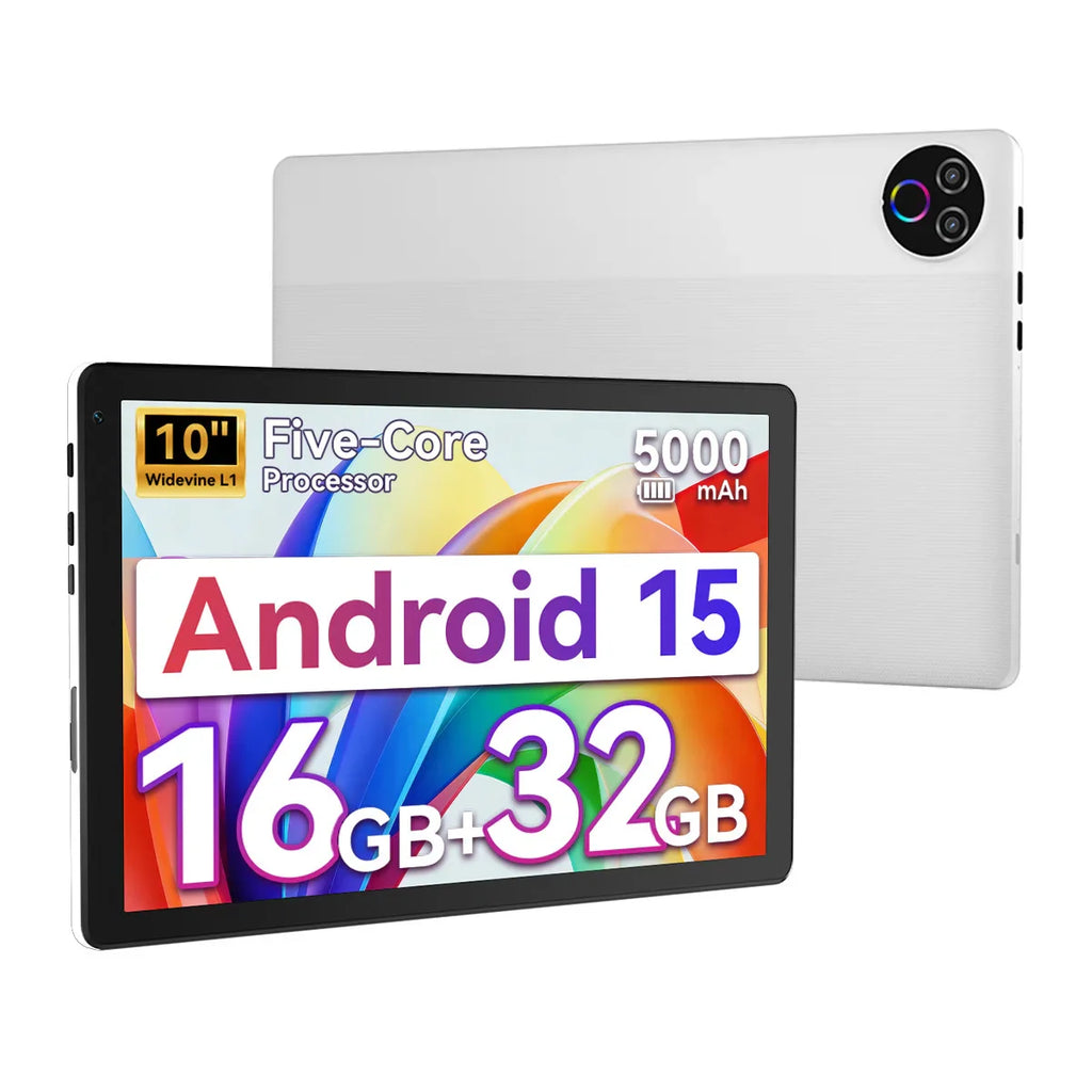 White 10-inch Android tablet showing technical specifications and 5000 mAh battery capacity