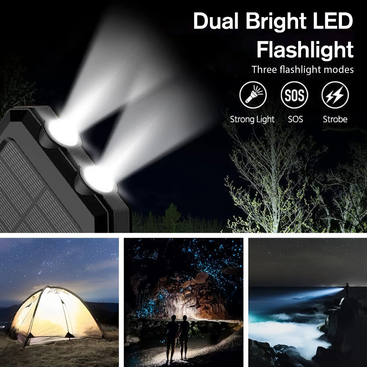 Solar power bank LED flashlight showing different light modes and outdoor usage scenarios