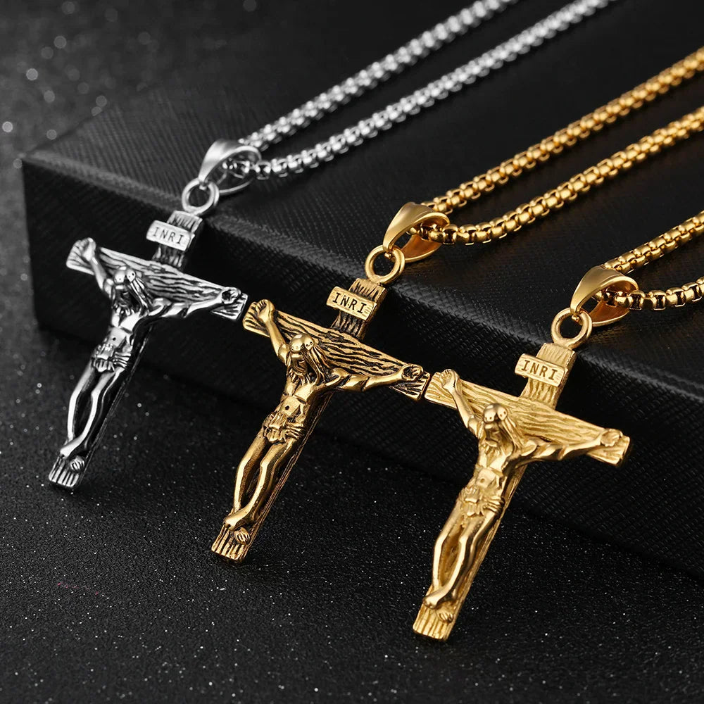 Silver and gold tone crucifix pendant necklaces with INRI inscription on box chain