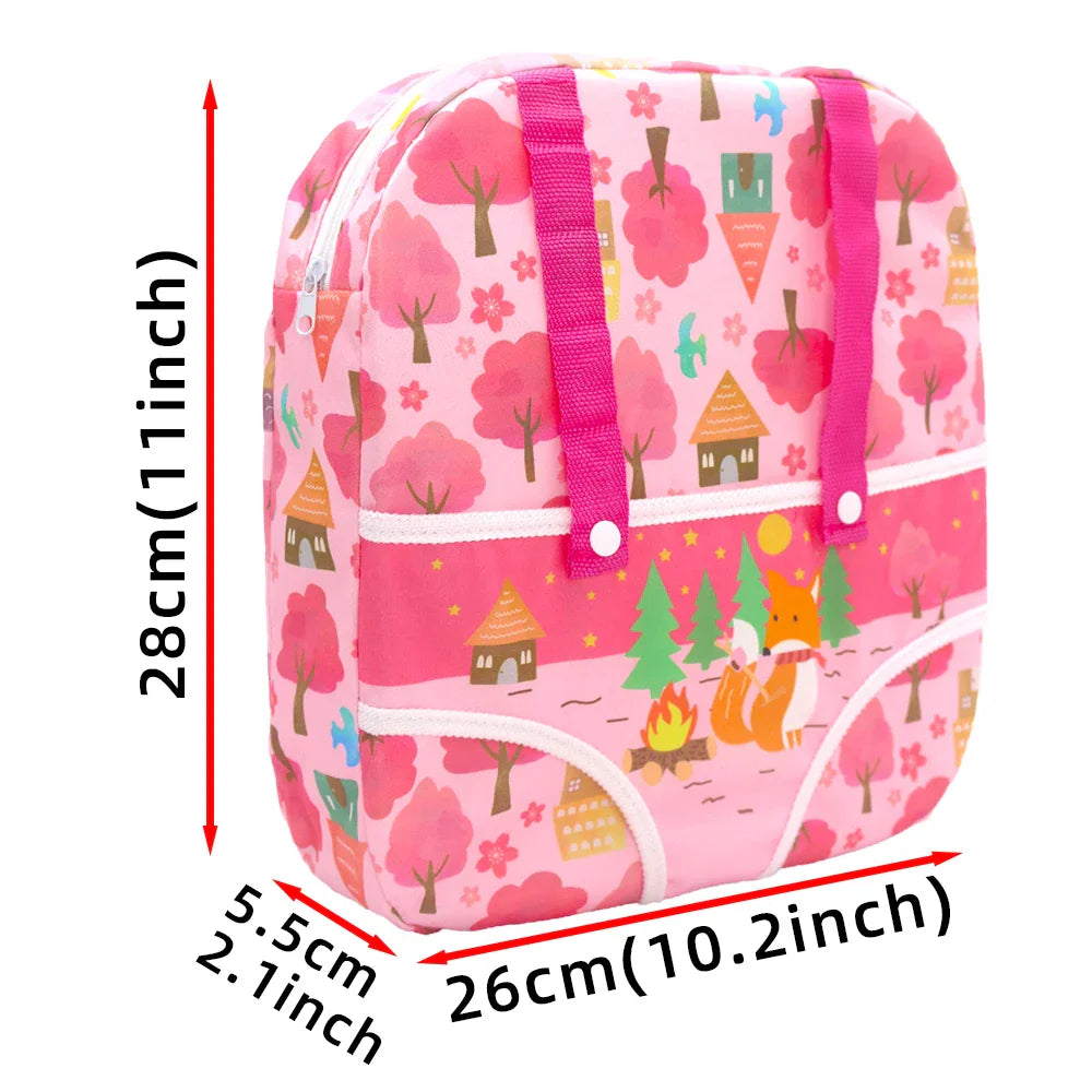 Patterned doll carrier backpack with printed size measurements.