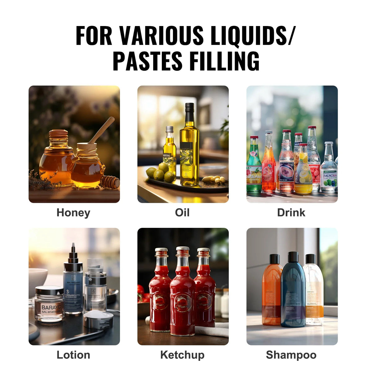 Manual filling machine shown processing various liquids including honey, oil, drinks, lotion, ketchup and shampoo