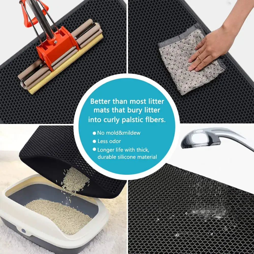 Four-panel instructional guide on cleaning and features of a black honeycomb cat litter mat.