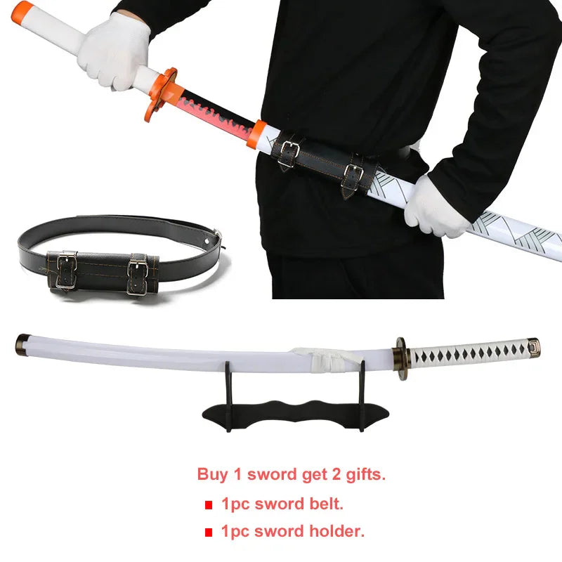 Person holding an anime sword with an additional sword belt and stand