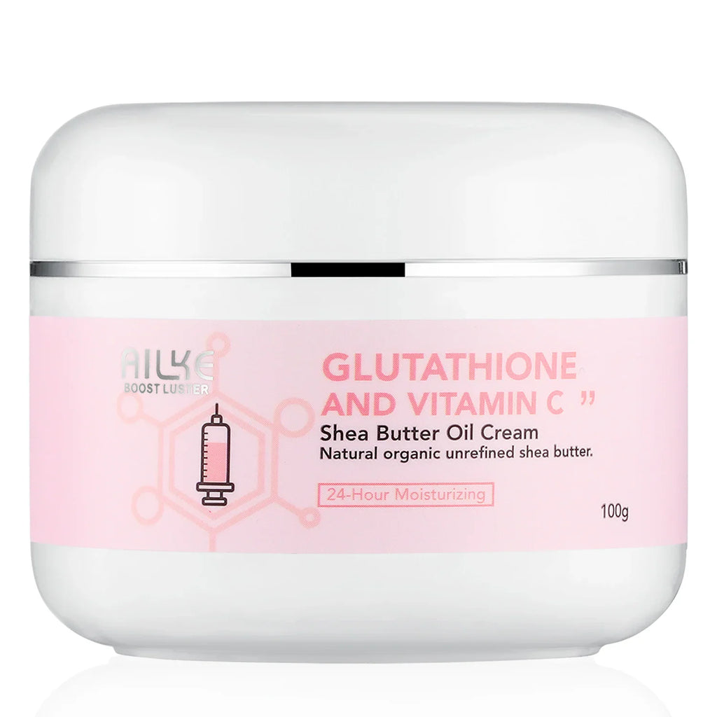 Jar of glutathione and vitamin C moisturizing shea butter oil cream.