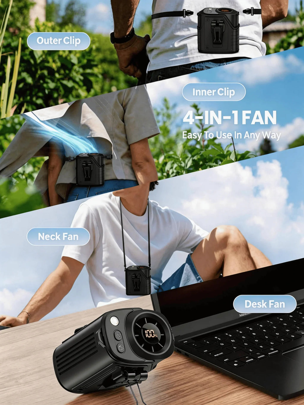 Versatile 4-in-1 black portable fan for neck, waist, desk or inner/outer clipping