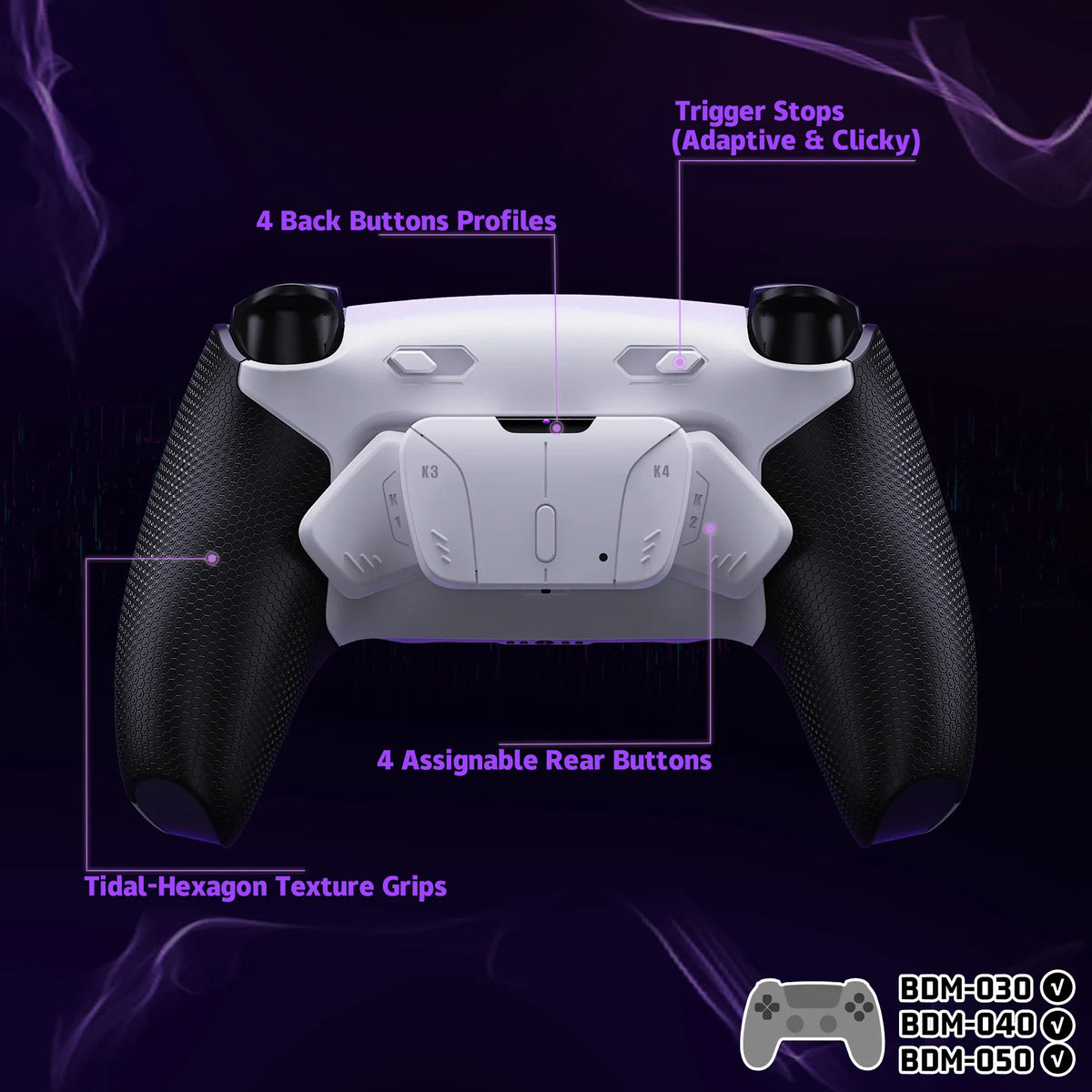Back view of a game controller showing added back buttons, texture grips, and adjustable trigger stops.