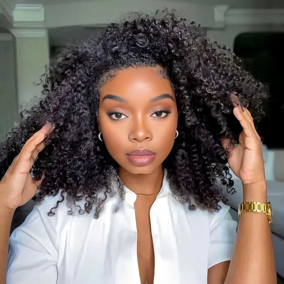 Amznlady Kinky Curly human hair half wig with drawstring and clips in natural color