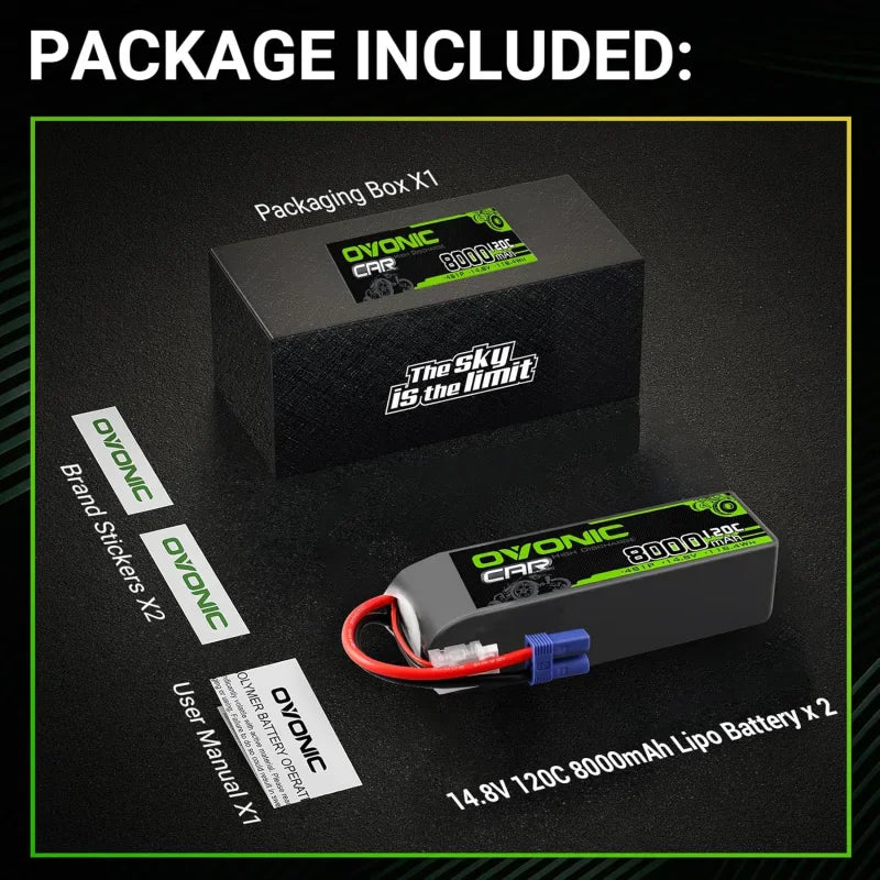 Package contents including two 8000mAh 14.8V LiPo batteries, box, stickers, and manual.