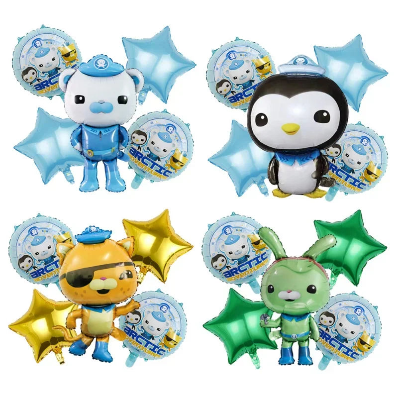 Four sets of Octonauts party balloon arrangements with character and star balloons
